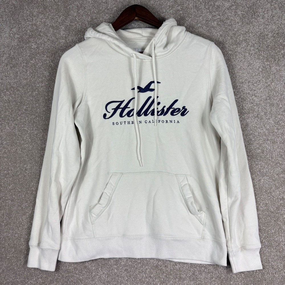 Hollister Southern California Graphic Hoodie Cream Off-White Navy Logo Medium